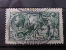 GB 1913 £1 GREEN SEAHORSE, FINE USED IN CARD £1 Green Seahorse in card with light oval registered
