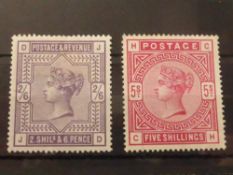 GB 1883 2s 6d. LILAC AND 5s. CRIMSON, BOTH MOUNTED MINT Card with clean 2 shilling and 6 pence and 5