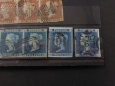 GB 1840's 1d RED IN STRIP OF 4 ALONG WITH VARIOUS MULTIPLES OF 2d BLUES Card with fine array of reds