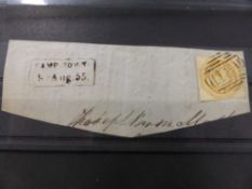 TASMANIA 1855 4d IMPERF, CUT SQUARE ON PIECE Early Tasmania value 4d Orange (state of plate not