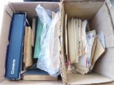 GB & WORLDWIDE STAMPS ALBUMS AND LOOSE ALONG WITH TRADE CARDS ETC Box with various albums and