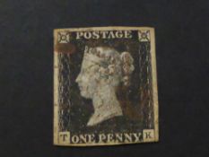 GB 1840 1D BLACK 3 MARGINS (4th TOUCHING) CORNER LETTERS TK, FINE USED 1d Black (unplated) with