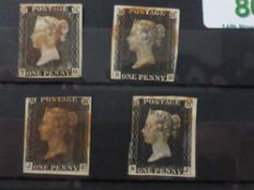 GB 1D BLACK RANGE OF 4 x 3 MARGIN BLACKS IN STOCKCARD Range of 4 penny blacks, all with 3 margins,