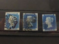 GB 1840 TRIO OF 2d BLUES, 2 x 4 MARGINS, 1 x 3 MARGINS FINE USED Card with trio of 2d blues, two