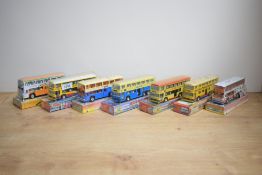 A collection of seven Chinese made die-cast model busses, Sun Hing Toys Hing Kong Public Bus x2, New