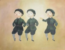 A modern Chinese acrylic on canvas, depicting three young children, most likely by or in the