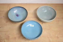 A Chinese 'Jun Ware' pottery bowl of dished circular form with typical blue glaze and band of
