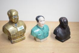 A group of three Chinese Maoist/Cultural revolution busts of Chairman Mao Zedong, in brass, coloured