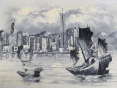 A group of three unframed Chinese oil on canvas, Hong Kong skyline and street scenes, unsigned, 53cm