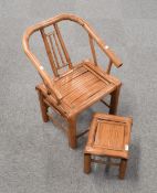 A Chinese bamboo armchair, having a tub style bent back and arms, sold with footstool, seat height