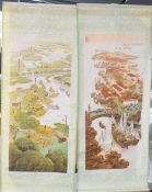 A pair of Chinese printed paper scrolls, depicting rural agricultural scene and coastal village/