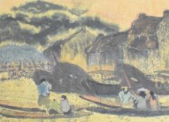 Minh (Vietnamese 20th century) watercolour and ink, fishing village scene with figures boats and