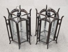 A pair of attractive Chinese etched glass and hardwood 'Palace' lanterns, of hexagonal form with six