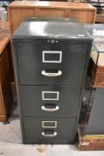 A vintage three drawer metal filing cabinet, Milners in British racing green, dimensions approx.