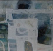 Simon Pooley (British 1955) mixed media on board 'Portleven Quayside 1' an abstract costal scene