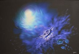 After Akhter (Contemporary) print on canvas, a vibrant starfish in cool tones, signed to lower