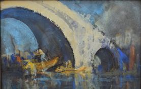 Artist Unknown (20th Century) watercolour on paper, abstract river scene with boats passing under