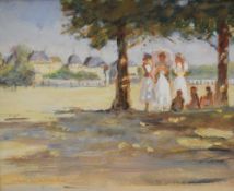 Jean Laurent (Contemporary) Oil on board 'A Gossip in the Luxemburg Gardens' a group of women with