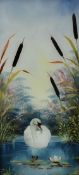 20th Century oil on glass, depicting a single swan on a lake with rushes and lily pads, unsigned,