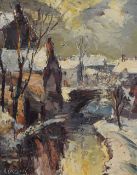 Valter Bezins (Latvian 1925-2009) Impasto oil on board, an impressionistic village river scene in