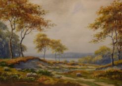Tom Whitehead (British 1886 - 1959) watercolour, pastoral landscape with sheep grazing near a