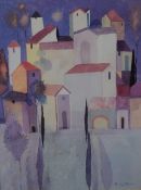 After Giuliana Lazzerini (Italian b.1950) colour print, stylised village scene, within a card