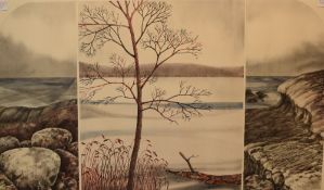 Chris White (20th Century) Watercolour and ink, multi-aperture lake scene in cool tones, signed