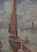 Tom Anderton (19th Century) Watercolour, maritime scene depicting a sailing boat in a harbour with