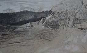 After Samuel Palmer (British 1805-1881) reproduction colour print, sketched monochrome landscape '