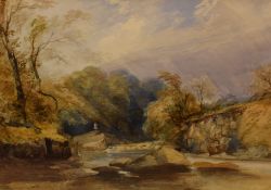 Attributed to James Burrell Smith (British 1822-1897) watercolour, river scene, attribution to lined
