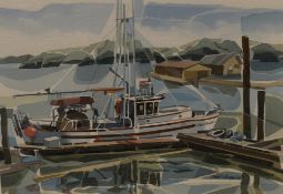 Jack Campbell (Canadian 1930) Watercolour, depicting a docked fishing boat (possibly on Saturna