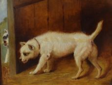 A 19th/20th century oil on panel, Terriers at a barn door, unsigned, within a burr walnut effect
