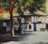 Geoff Dearden (British 20th century) oil on board, market stall scene with figures, signed lower