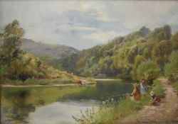 Henry Hadfield Cubley (British 1858-1934) oil on board, pleasing rivers scene with family fishing