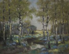 Arthur Spooner (British 1873-1962) oil on board, woodland river scene with silver birch and