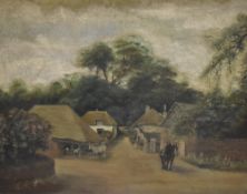 T.W Harker (20th Century) Oil on canvas, village scene featuring horses and cottages, signed and