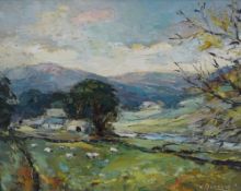 Valter Bezins (Latvian 1925-2009) Impasto oil on board, an impressionistic pastoral landscape