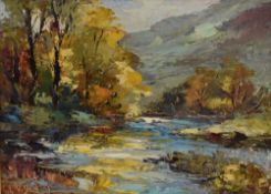 Valter Bezins (Latvian 1925-2009) Oil on board, an impressionistic impasto river scene, signed lower