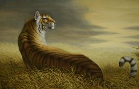 Jack Lehman (Contemporary) oil on canvas, an accomplished depiction of a tiger laying in grass,