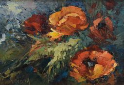 Valter Bezins (Latvian 1925-2009) Impasto oil on board, an impressionistic still life depicting