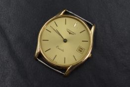 A gent's 9ct gold quartz wrist watch by Longines having a baton numeral dial with date aperture to