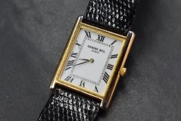 An 18ct gold plated Raymond Weil wristwatch, the white rectangular dial having Roman numerals, on