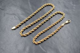 A 9ct gold rope link chain, having a lobster clasp, marked 375, 53cm, 28g