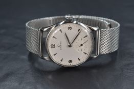 An Omega wristwatch, the white dial having arrow head and Arabic numerals, with subsidiary dial at
