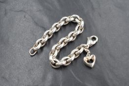 A chunky silver belcher link bracelet, having a heart charm, marked 925, 20cm, 59.4g