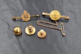 Five pieces of yellow metal jewellery, including three shirt studs, two having pearl and diamond
