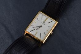 An 18ct gold Omega wristwatch, the champagne rectangular dial having baton numerals, the case marked