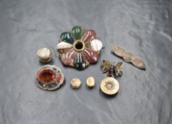 A small selection of vintage jewellery including two Celtic polished stone brooches, paste set