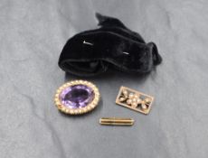 Three yellow metal choker slides including an amethyst and seed pearl slide marked 15ct(missing a