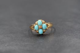 A 15ct gold turquoise and diamond set ring, the four oval turquoise cabochons in a floral setting